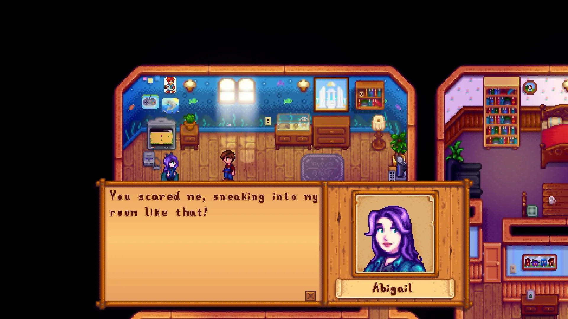 Abigail tương tác với người chơi trong Stardew Valley, thể hiện các mối quan hệ xã hội và lãng mạn đa dạng mà người chơi có thể xây dựng trong game.