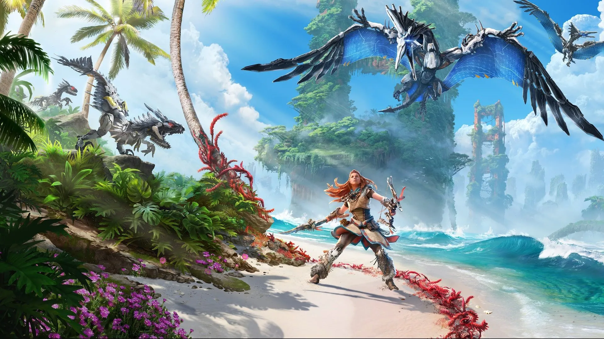 Aloy đối đầu với khủng long robot trong Horizon Forbidden West, minh họa thế giới mở.