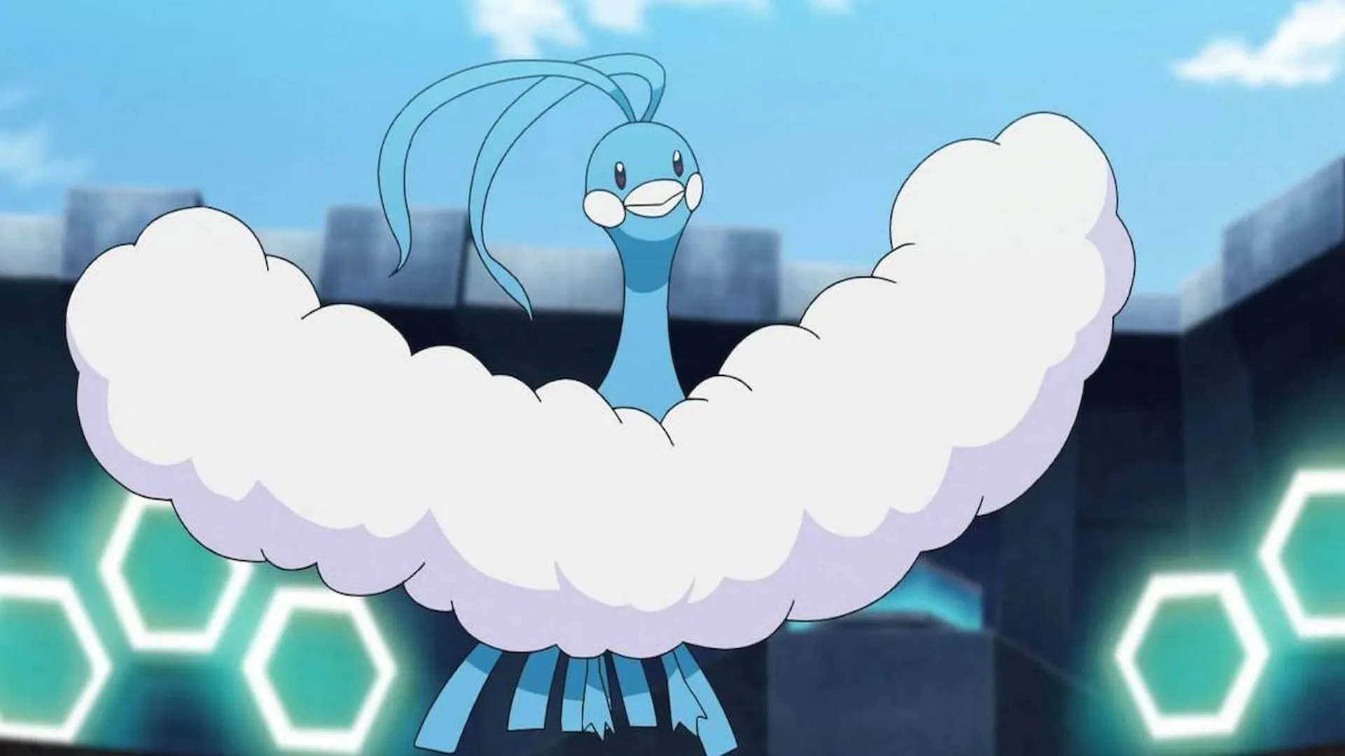 Altaria bay lượn trên bầu trời trong series anime Pokémon, với đôi cánh lông mềm mại như mây.