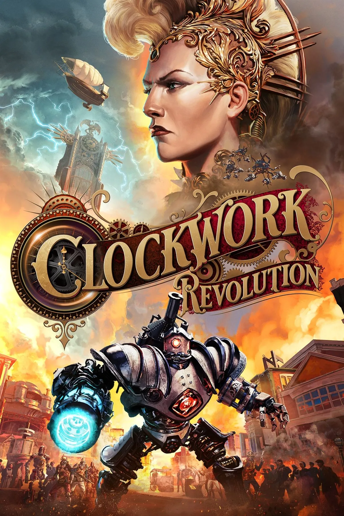 Ảnh bìa của game Clockwork Revolution, thể hiện phong cách đồ họa độc đáo và không theo chủ nghĩa chân thực.