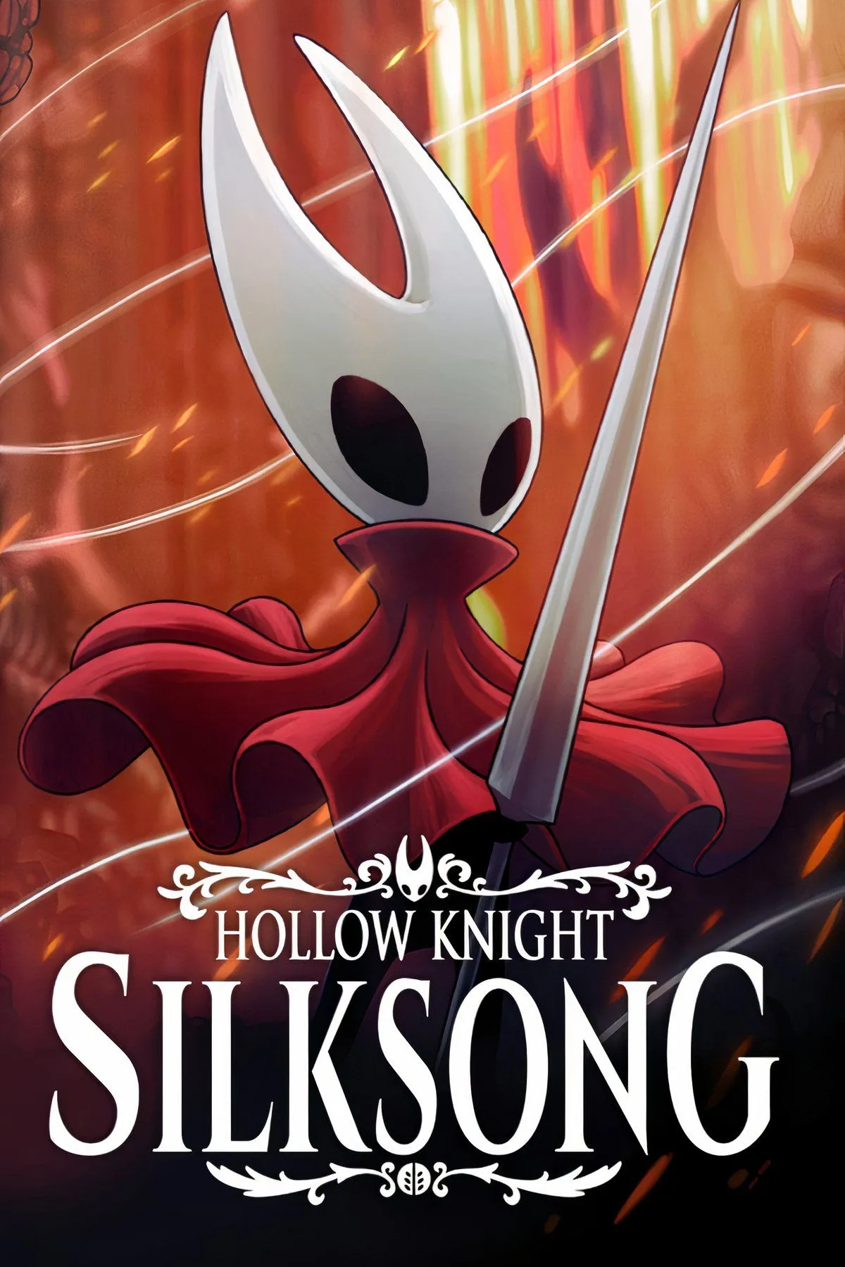 Ảnh bìa game Hollow Knight: Silksong, hiển thị nhân vật Hornet trong một khung cảnh hang động huyền ảo.