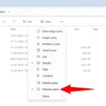 Ảnh chụp màn hình hiển thị cách bật ngăn xem trước (Preview Pane) trong File Explorer Windows 11 qua menu View.