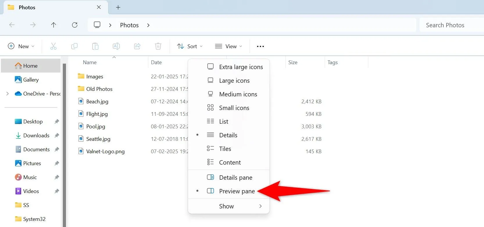 Ảnh chụp màn hình hiển thị cách bật ngăn xem trước (Preview Pane) trong File Explorer Windows 11 qua menu View.