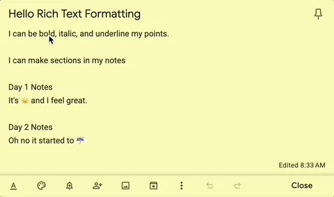 Ảnh động minh họa cách sử dụng tính năng định dạng văn bản nâng cao (rich text formatting) trên Google Keep phiên bản web, bao gồm các tùy chọn như in đậm, in nghiêng và tạo tiêu đề.
