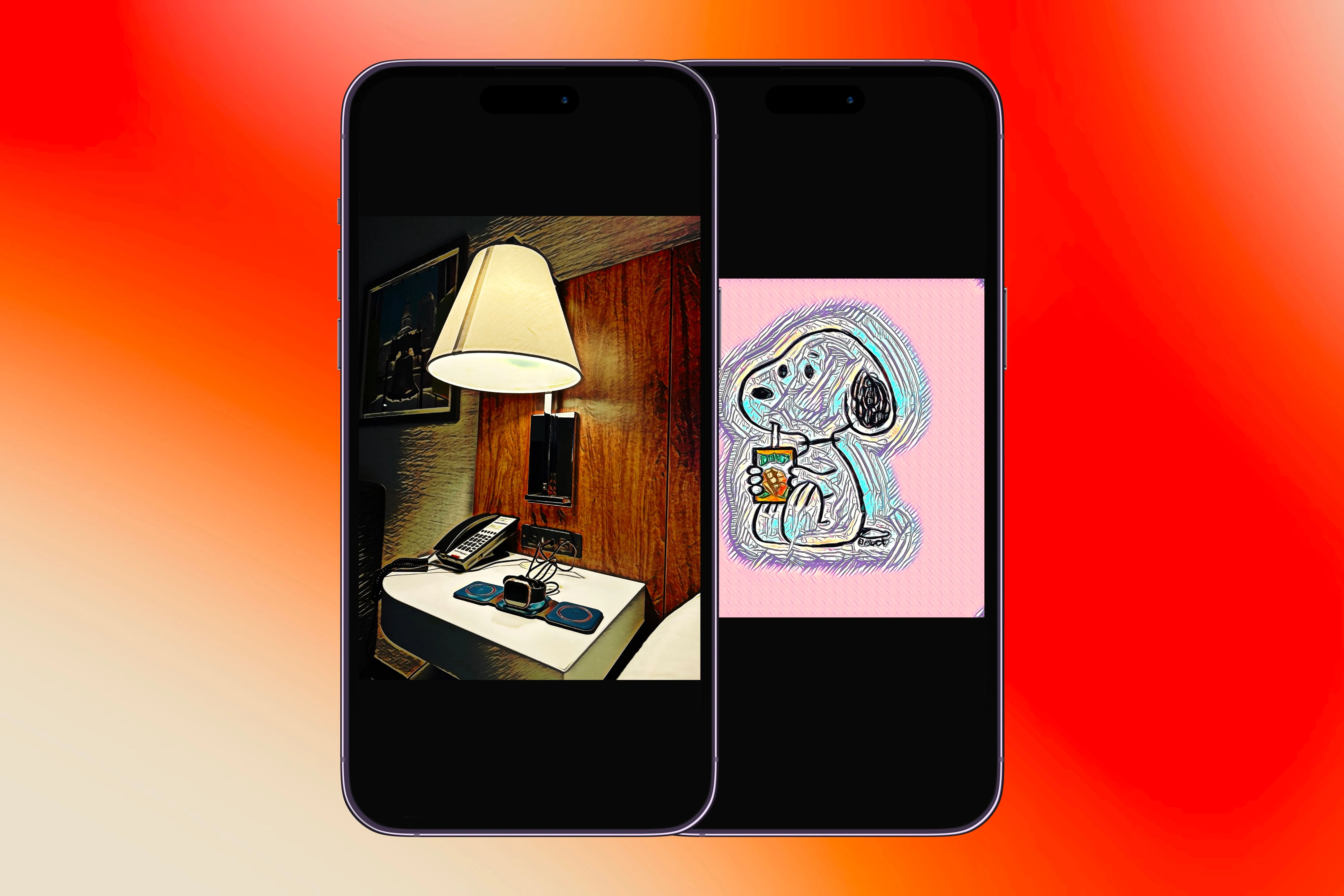 Ảnh một chiếc đèn và Snoopy hiển thị trong ứng dụng Visionist trên hai chiếc iPhone, thể hiện khả năng áp dụng bộ lọc nghệ thuật
