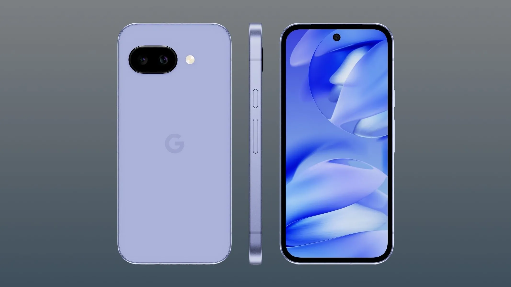 Ba chiếc Google Pixel 9a hiển thị các góc độ: mặt trước, mặt sau và cạnh bên.