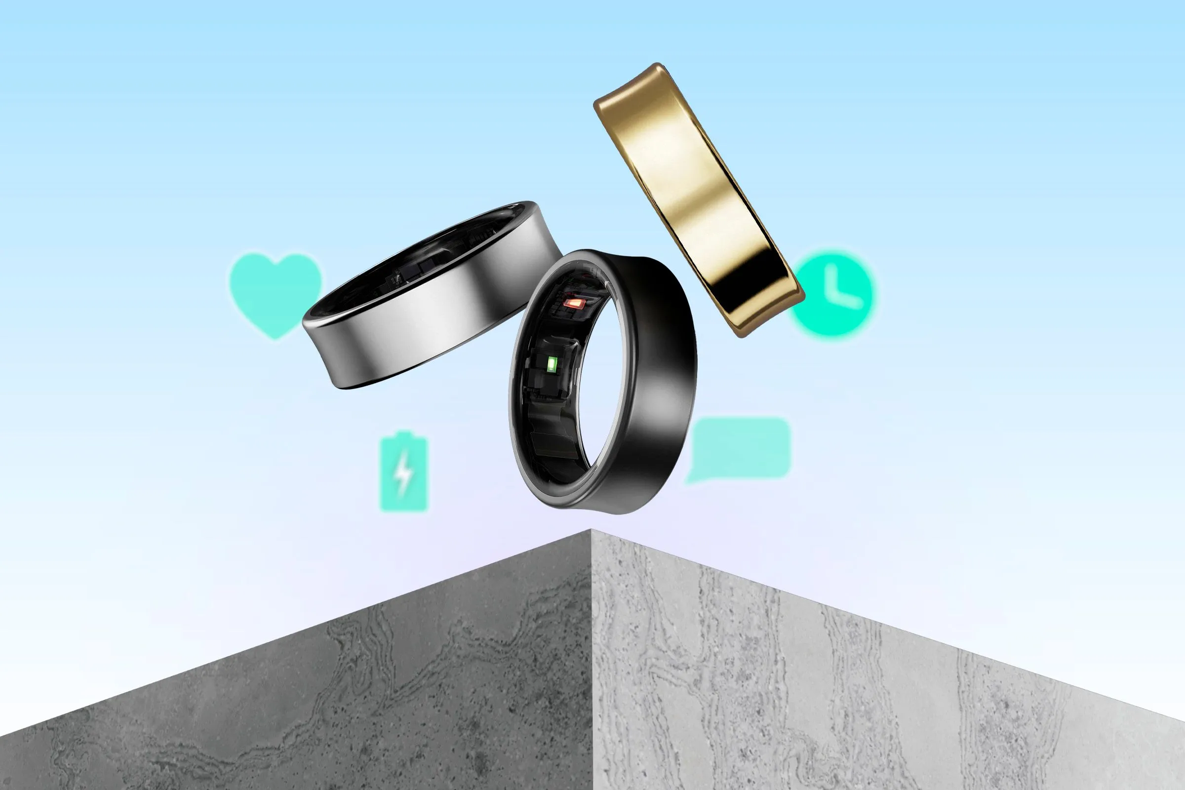 Ba chiếc nhẫn Galaxy Ring đặt trên bề mặt
