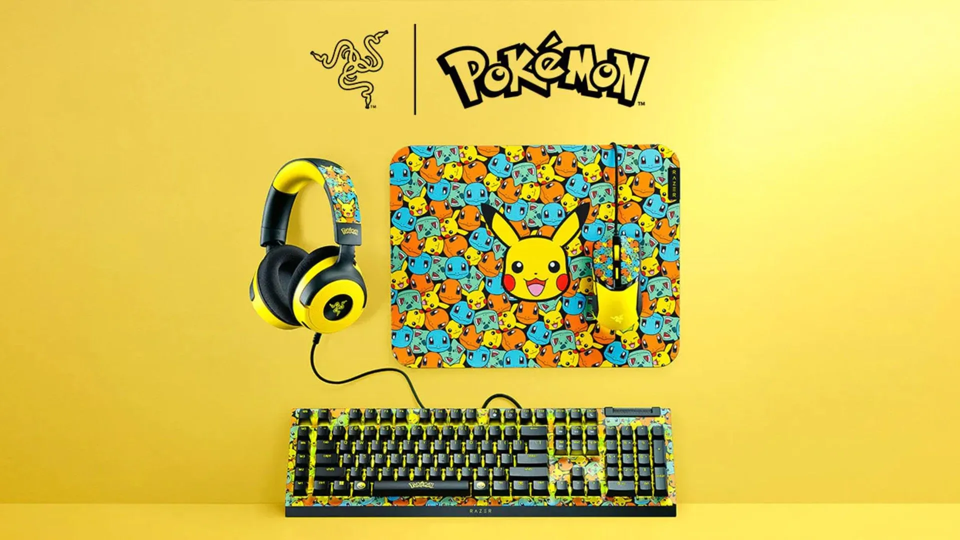 Bàn phím, chuột, bàn di chuột và tai nghe Razer với các thiết kế Pokémon trên nền vàng tươi