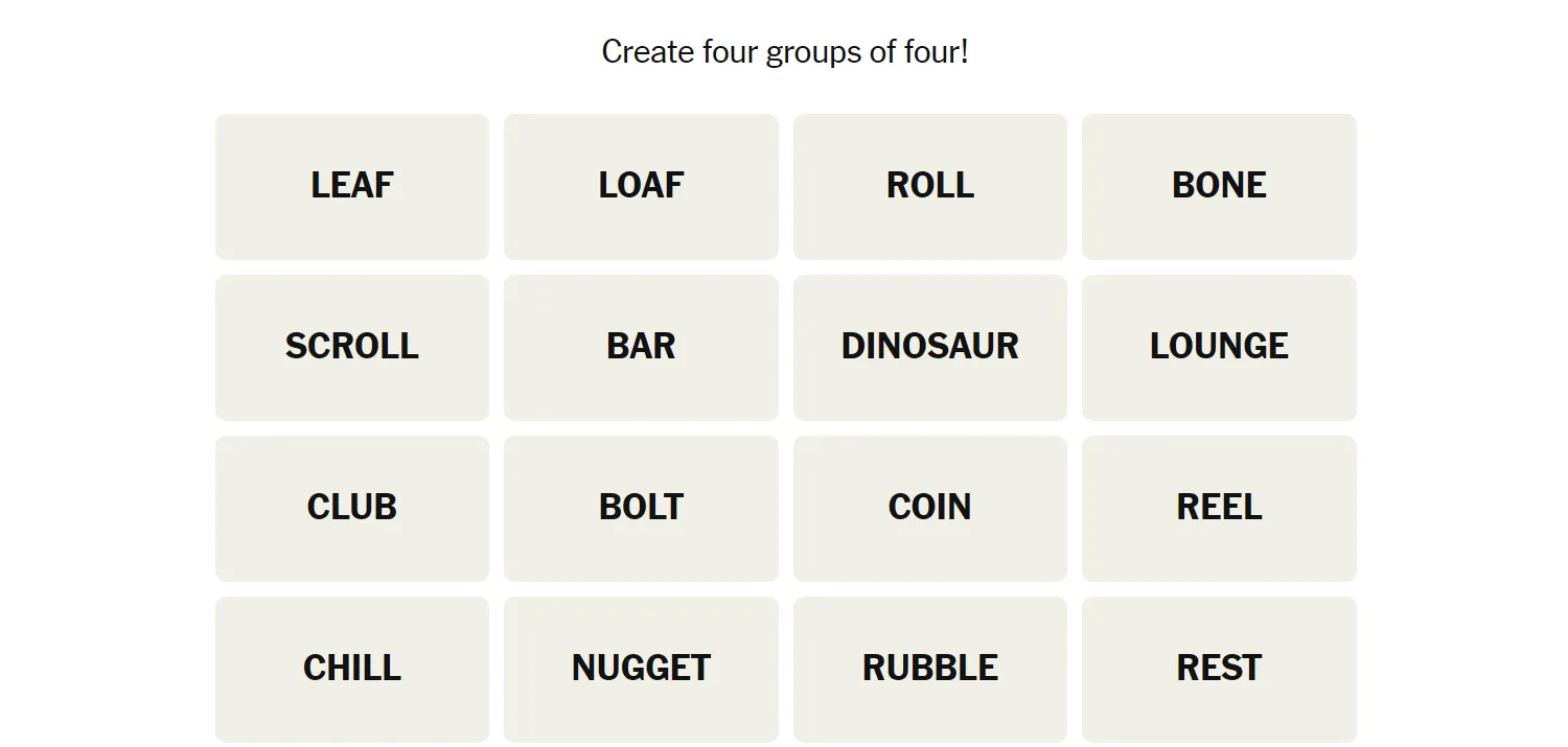 Bảng các từ chưa được sắp xếp của trò chơi Connections NYT ngày 3 tháng 3, minh họa thử thách ban đầu.