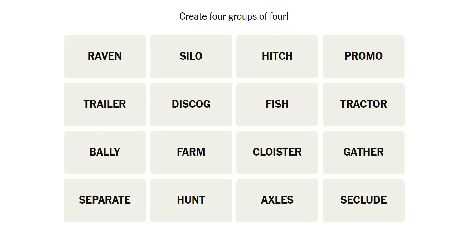 Bảng các từ chưa sắp xếp của trò chơi Connections ngày 26 tháng 1, hiển thị 16 ô vuông từ cần sắp xếp thành 4 nhóm.