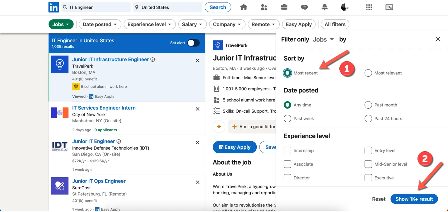 Bảng điều khiển bộ lọc tìm kiếm việc làm LinkedIn, minh họa cách sắp xếp kết quả theo &quot;Gần đây nhất&quot;