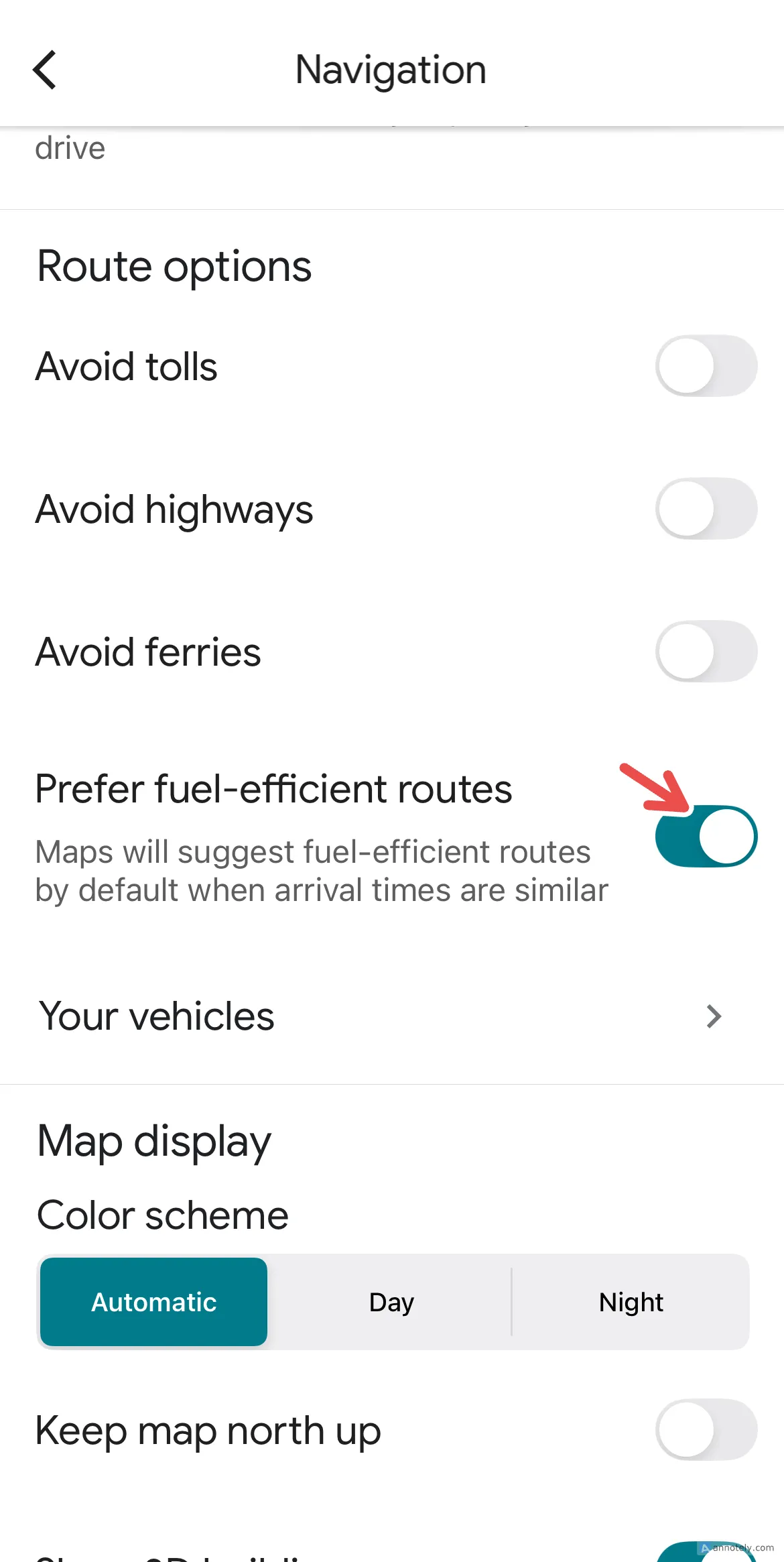 Bật tính năng lộ trình tiết kiệm nhiên liệu trong cài đặt Google Maps