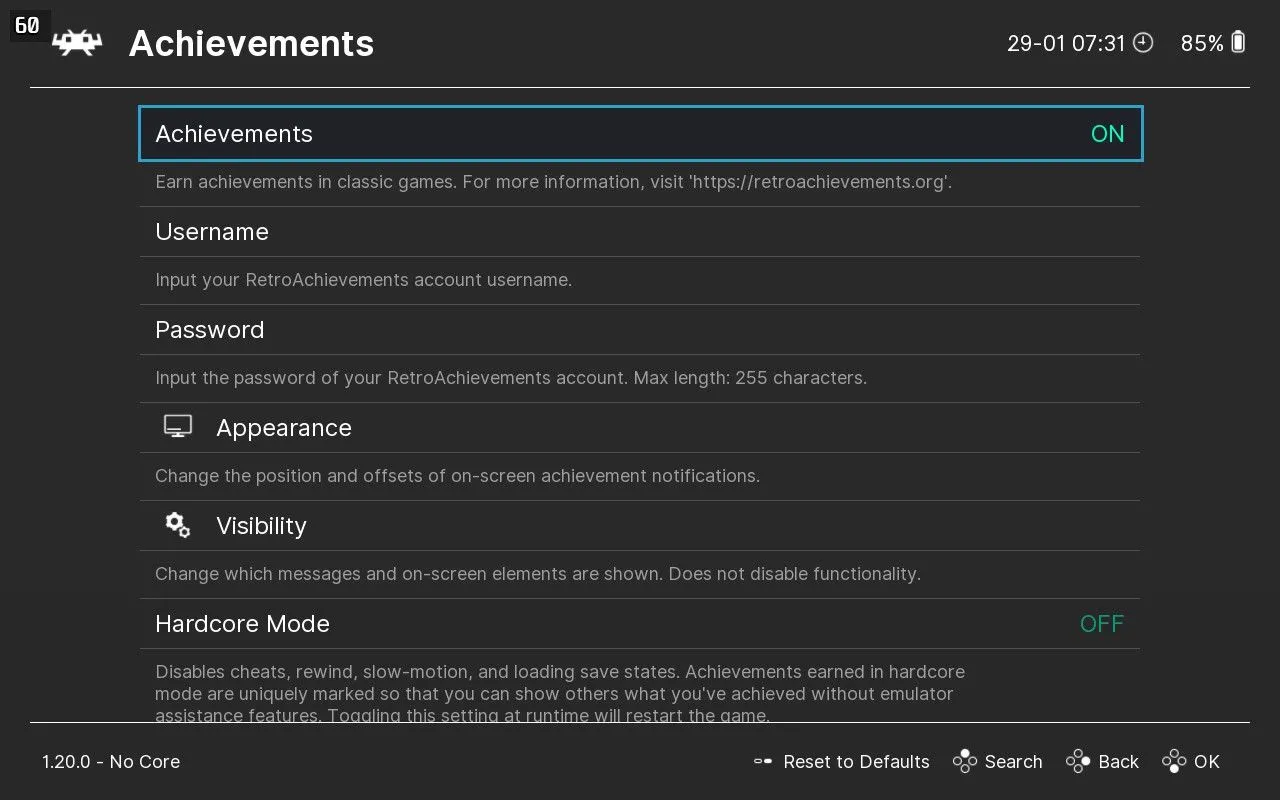 Bật tùy chọn &quot;Achievements&quot; trong phần cài đặt của RetroArch để kích hoạt tính năng thành tích game retro.