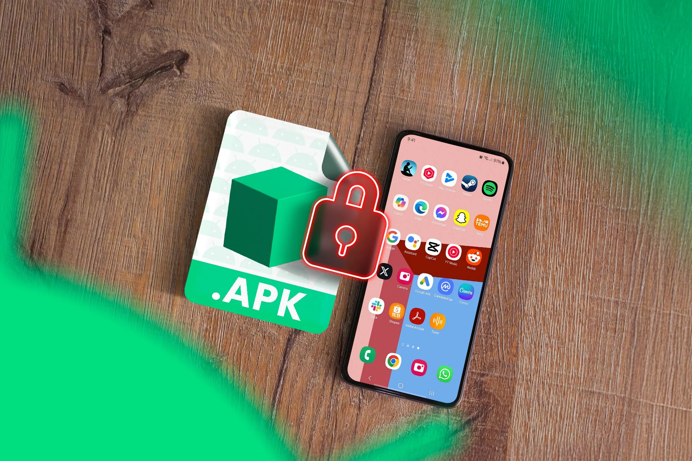 Biểu tượng APK và smartphone với ổ khóa, minh họa tính năng khóa ứng dụng.