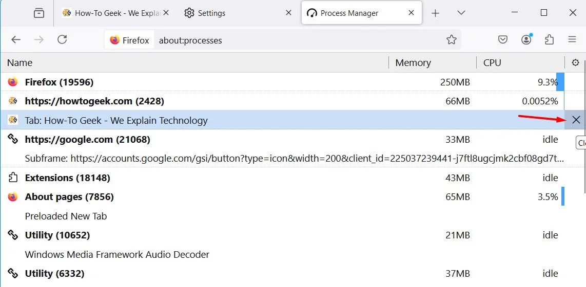Biểu tượng đóng tab trong Trình quản lý tác vụ của Firefox