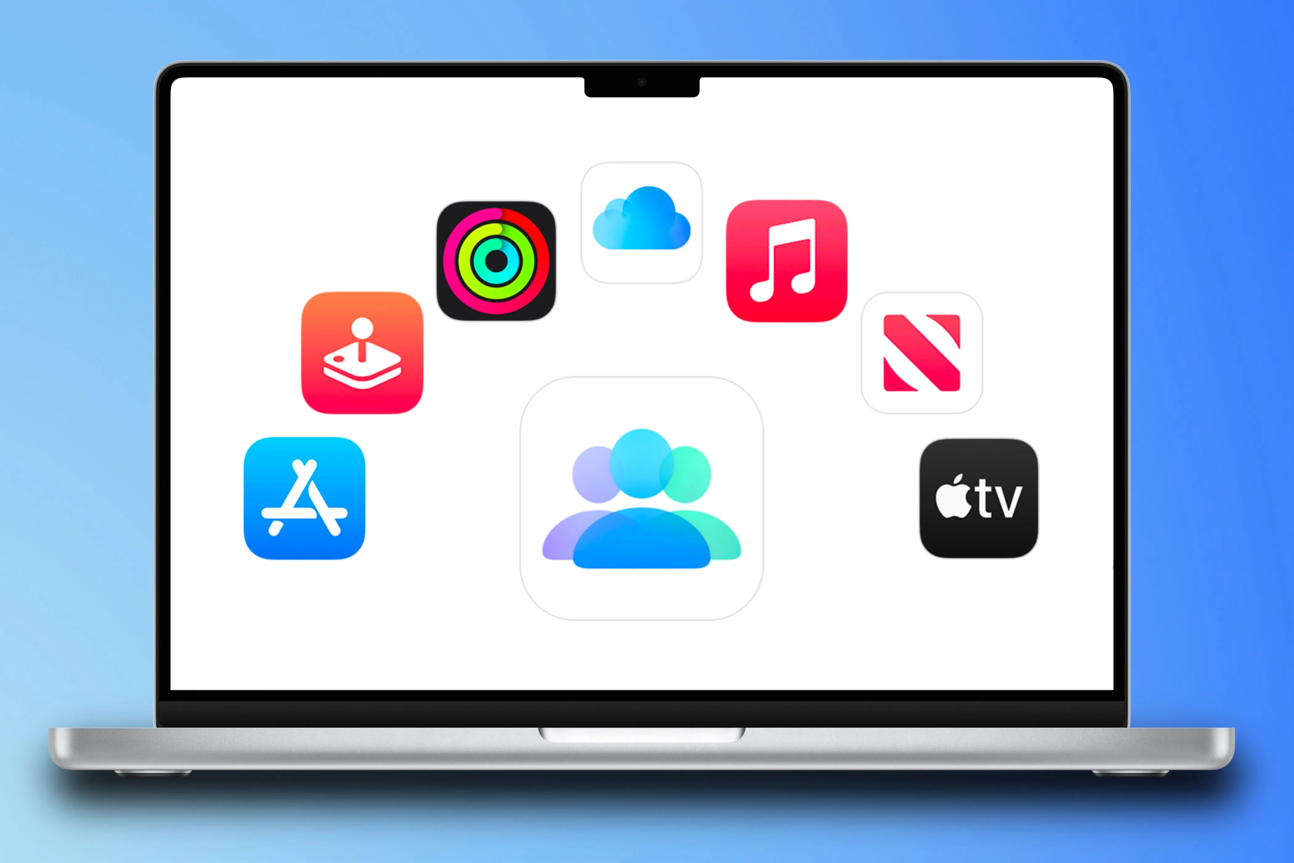 Biểu tượng Family Sharing của Apple cùng các dịch vụ tích hợp trong gói Apple One trên MacBook Pro.
