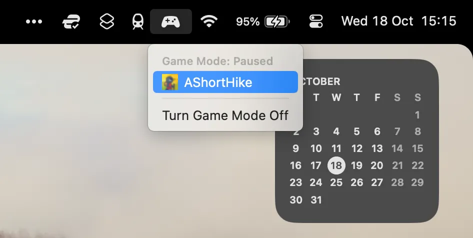 Biểu tượng Game Mode trên thanh menu macOS Sonoma để bật tắt chế độ chơi game.