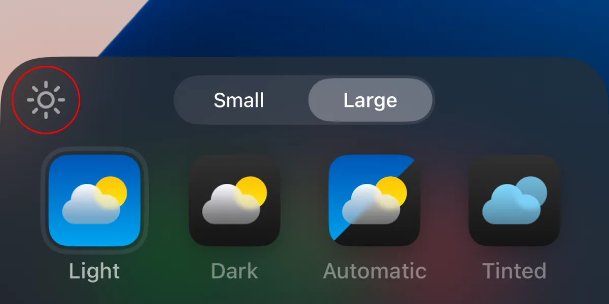 Biểu tượng mặt trời để làm tối hình nền trong menu Tùy chỉnh trên iOS 18.