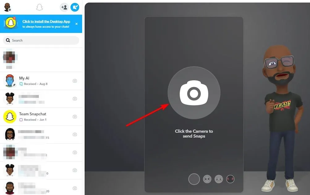 Biểu tượng máy ảnh ở trung tâm giao diện Snapchat Web.