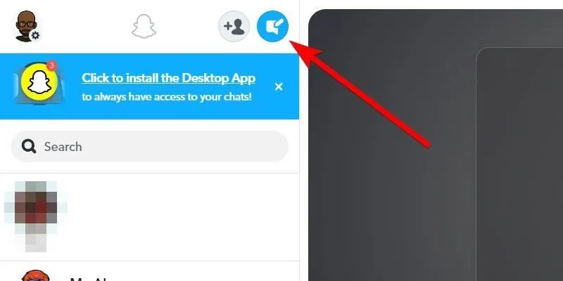 Biểu tượng &quot;Trò chuyện mới&quot; để khởi tạo một cuộc trò chuyện nhóm trên Snapchat Web.