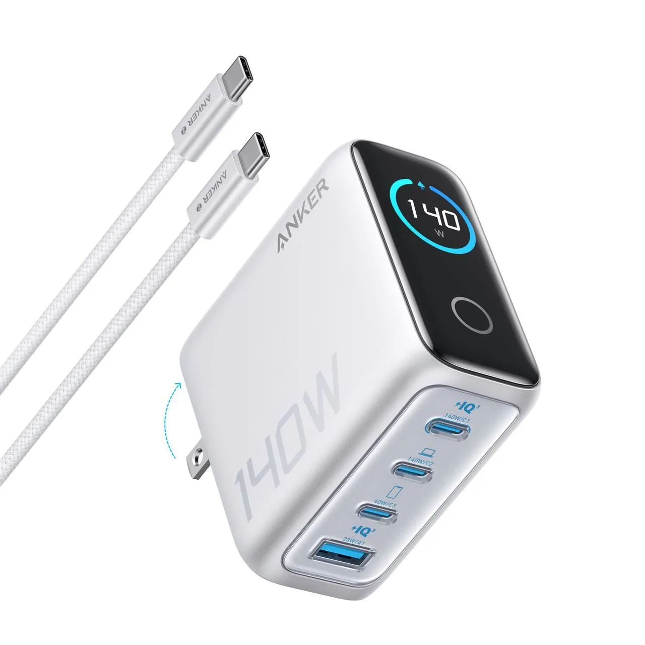 Bộ sạc Anker 140W đa cổng màu bạc với màn hình hiển thị sạc trên nền trắng.