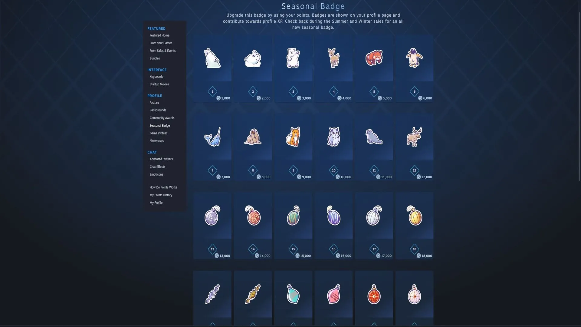 Bộ sưu tập huy hiệu mùa đông 2024 có thể mua được từ Cửa hàng Điểm Steam.