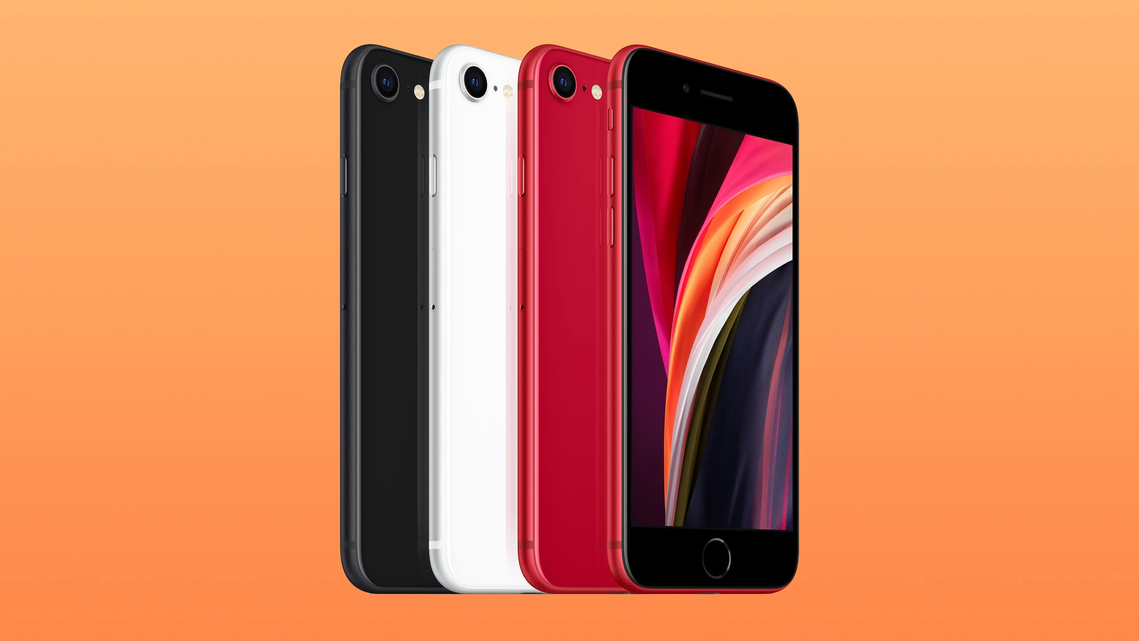 Bốn chiếc iPhone SE thế hệ thứ hai với đa dạng màu sắc từ góc nhìn ngang.