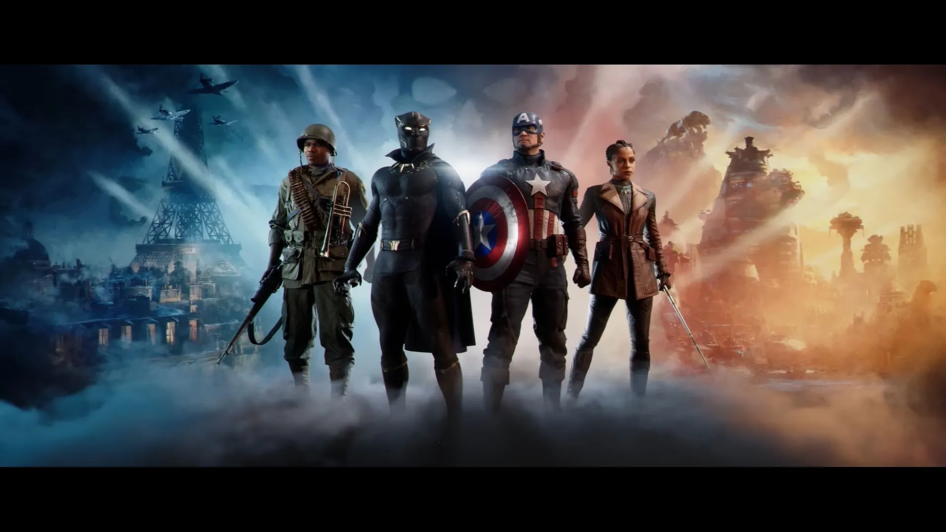 Bốn nhân vật chính trong Marvel 1943: Rise of Hydra bao gồm Captain America, Black Panther (T'Chanda), Gabriel Jones và Nanali, sẵn sàng cho cuộc chiến Thế chiến II.