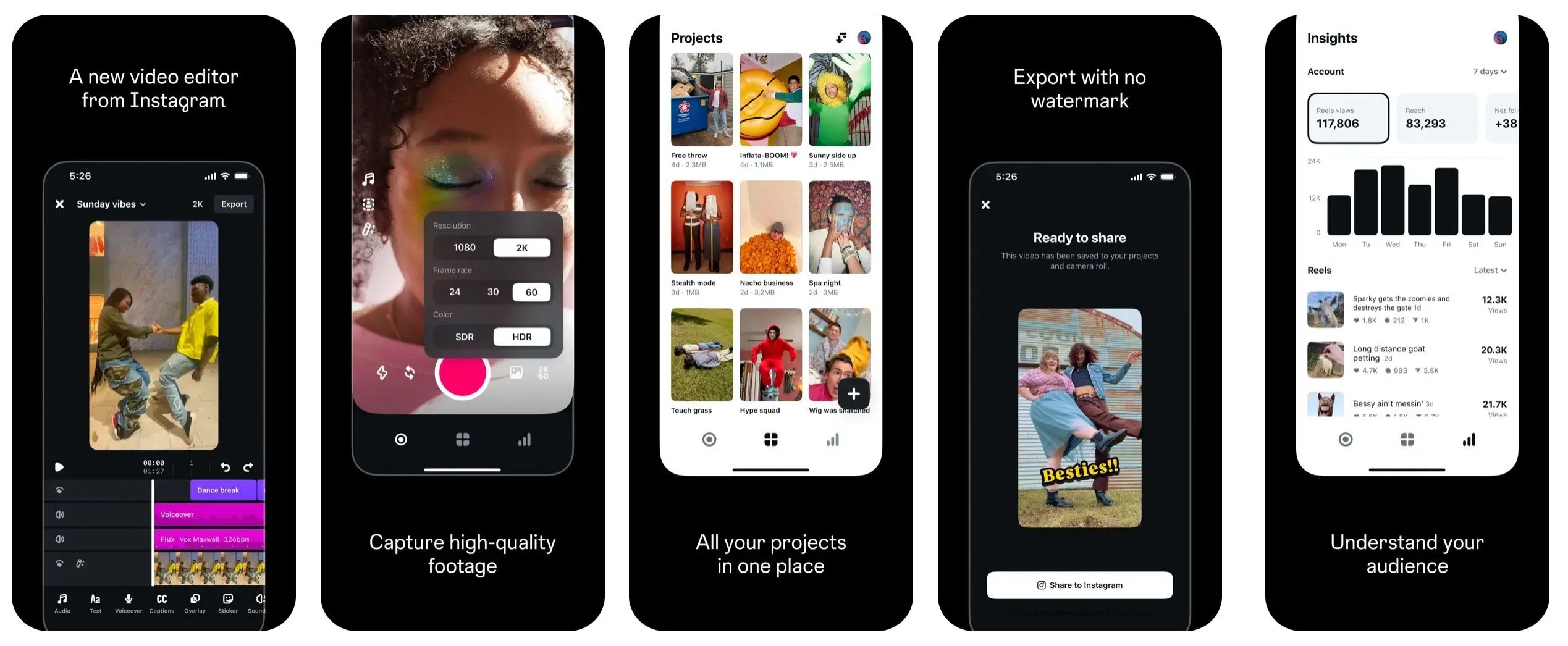 Các ảnh chụp màn hình ứng dụng chỉnh sửa video Edits của Instagram trên App Store