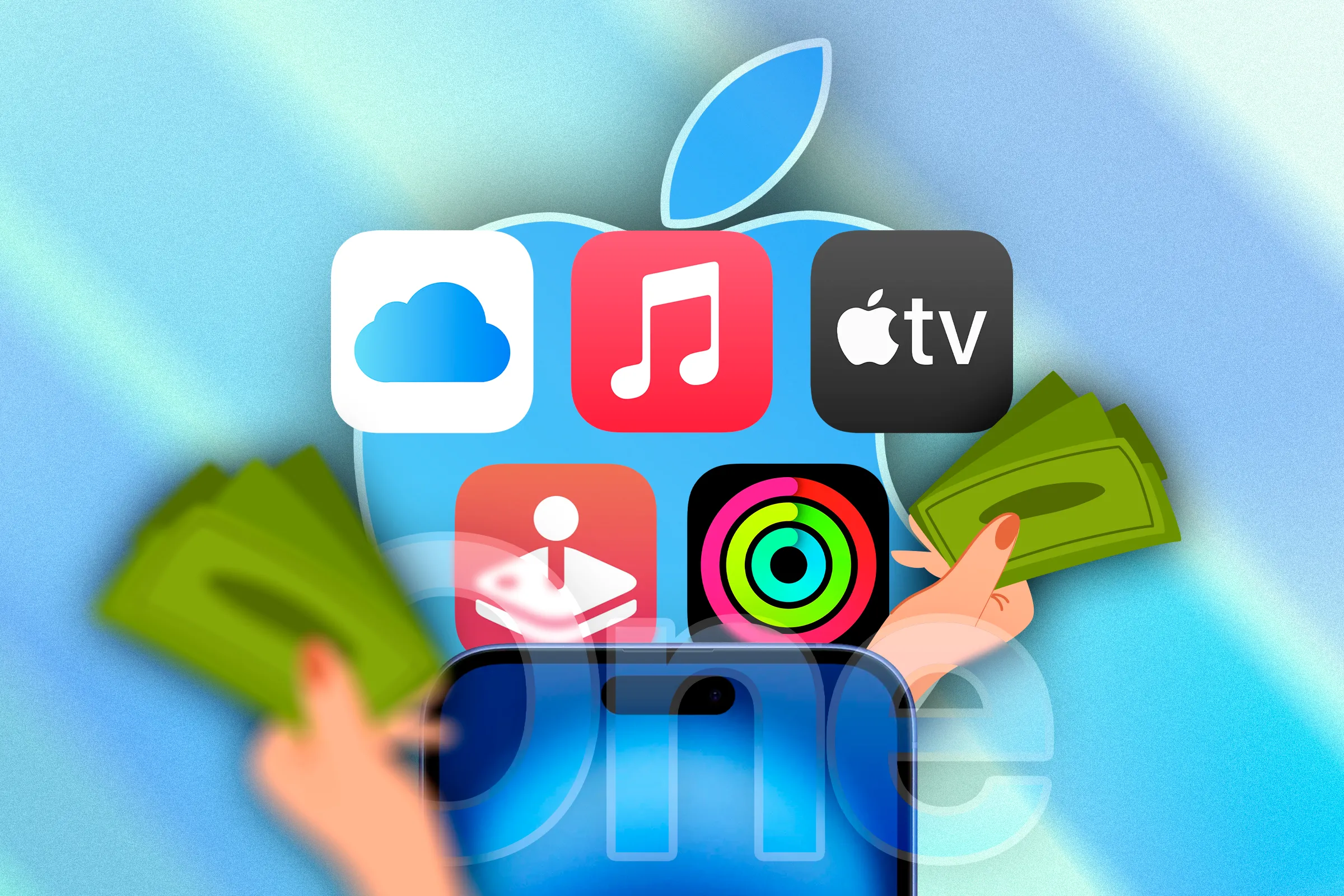 Các biểu tượng ứng dụng trong gói Apple One và hình ảnh bàn tay cầm tiền mặt, minh họa việc tiết kiệm chi phí.