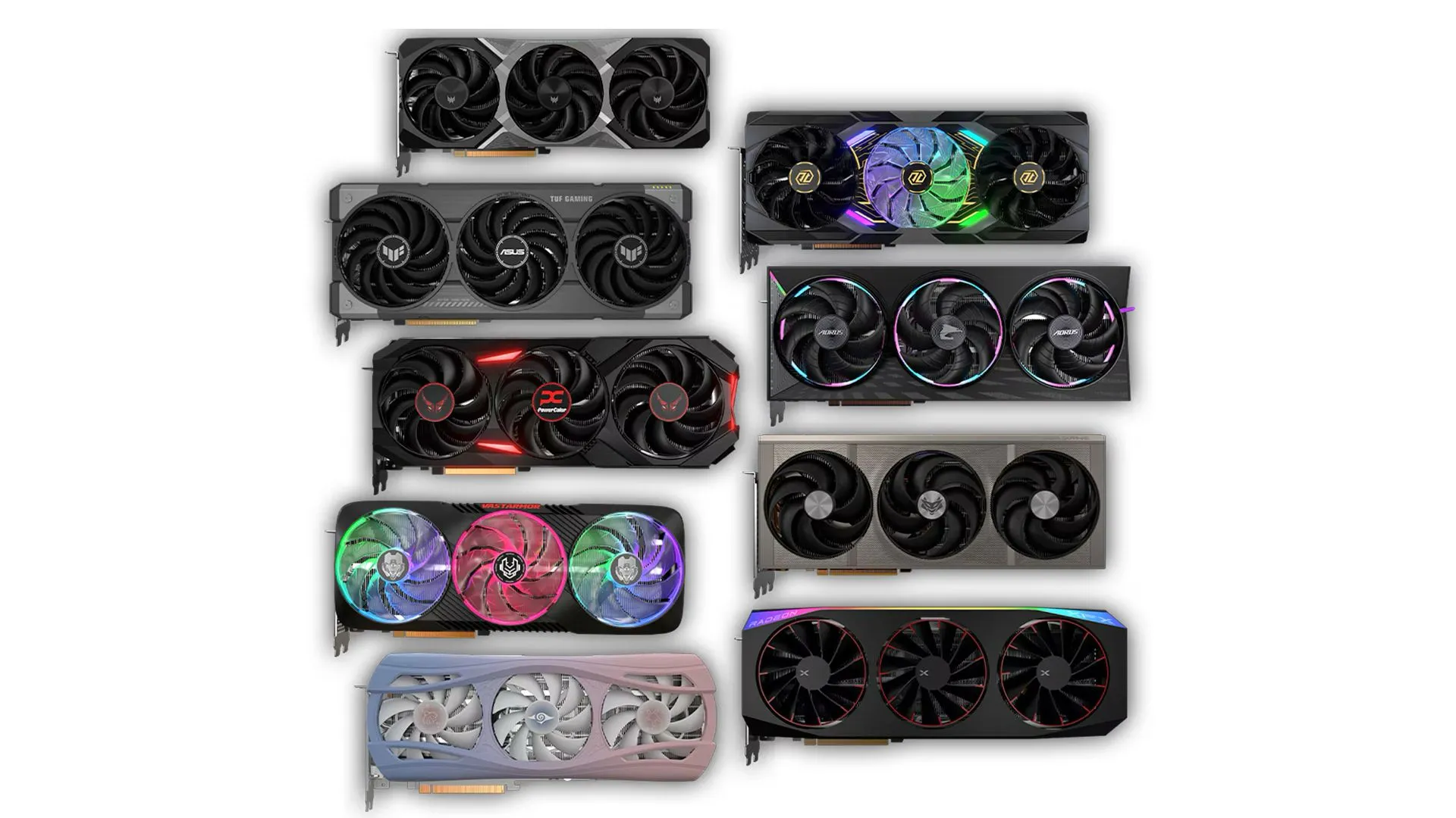 Các mẫu card đồ họa AMD RX 9070 và RX 9070 XT từ các đối tác như ASRock, ASUS, Gigabyte.