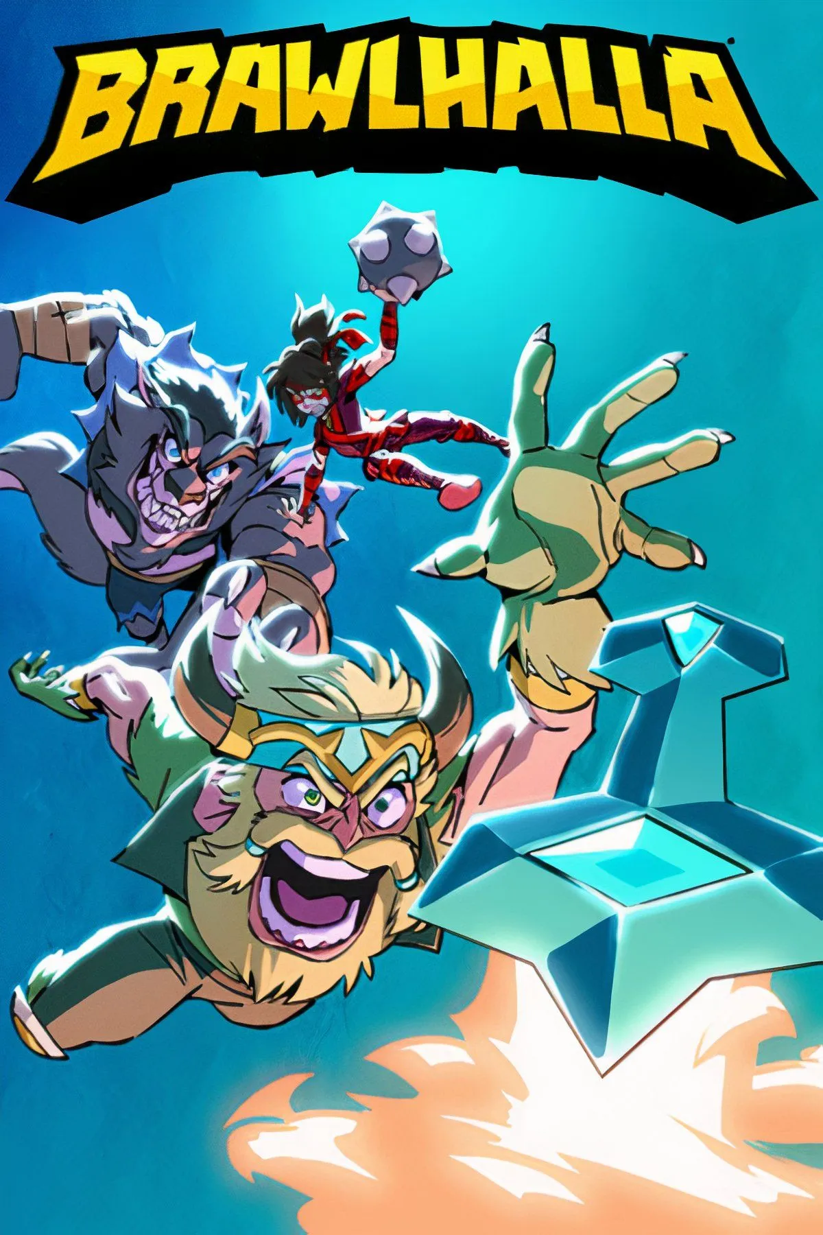 Các nhân vật đang giao chiến trên một đấu trường sôi động trong Brawlhalla, một game đối kháng platformer miễn phí tương tự Super Smash Bros trên Nintendo Switch.