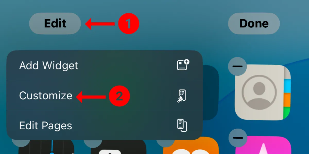 Các nút &quot;Sửa&quot; và &quot;Tùy chỉnh&quot; để điều chỉnh giao diện biểu tượng ứng dụng trên iOS 18.