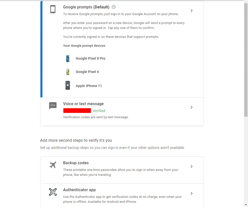 Các phương thức Xác thực 2 yếu tố (2FA) khác nhau có thể được thêm vào tài khoản Google