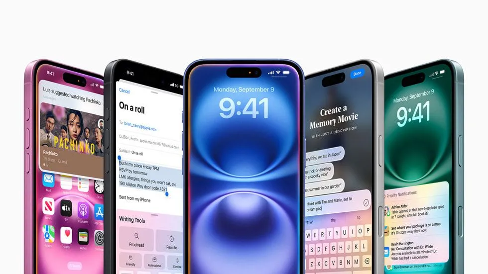 Các tính năng của Apple Intelligence được minh họa trên các mẫu iPhone mới, cho thấy khả năng AI trên thiết bị.