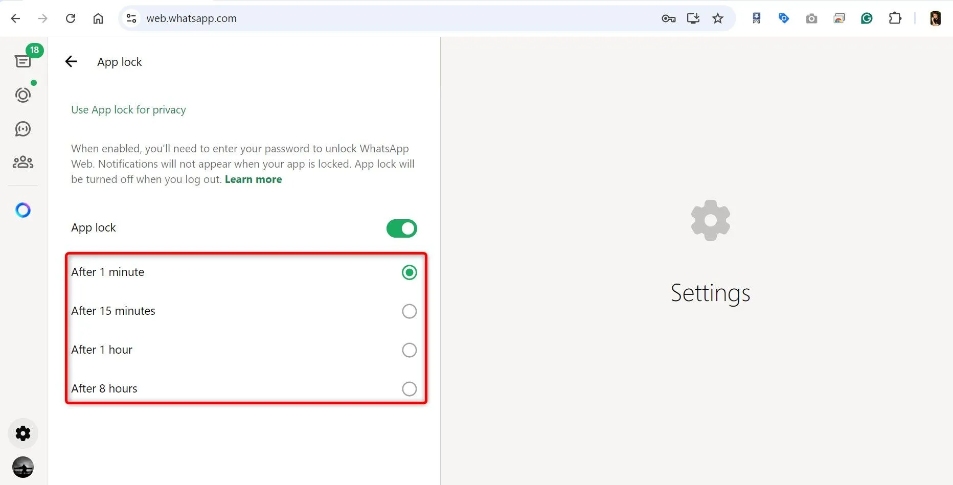 Các tùy chọn thời gian tự động khóa cho WhatsApp Web nhằm tối ưu trải nghiệm bảo mật cá nhân