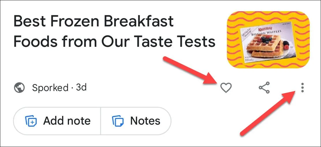 Các tùy chọn tương tác trên thẻ nội dung Google Discover, bao gồm biểu tượng trái tim để thích và dấu ba chấm để mở menu.
