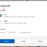 Các tùy chọn xuất file GIF trong công cụ Snipping Tool của Windows 11 bao gồm đặt tên tệp và cài đặt chất lượng cao hoặc thấp.