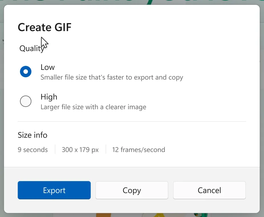 Các tùy chọn xuất file GIF trong công cụ Snipping Tool của Windows 11 bao gồm đặt tên tệp và cài đặt chất lượng cao hoặc thấp.