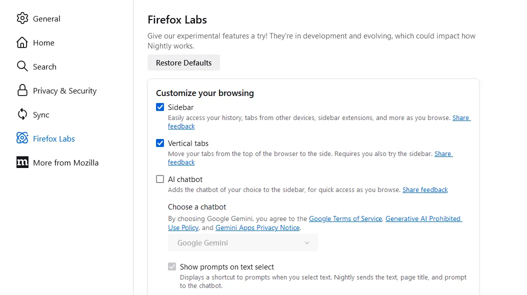 Cách bật tính năng thanh bên (Sidebar) trong cài đặt Firefox Labs trên Firefox Nightly