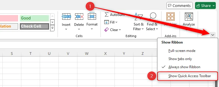 Cách hiển thị Thanh truy cập nhanh (QAT) trong Excel thông qua mũi tên thả xuống trên dải băng.