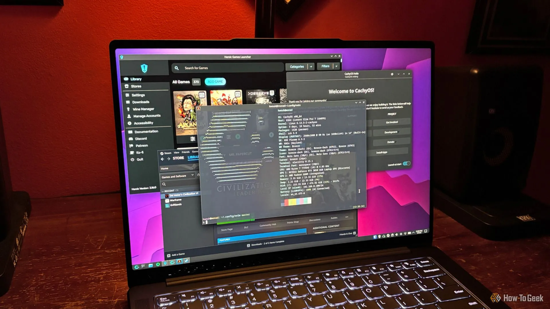 CachyOS chạy Steam và Heroic Games Launcher, minh họa trải nghiệm trên một môi trường desktop Linux