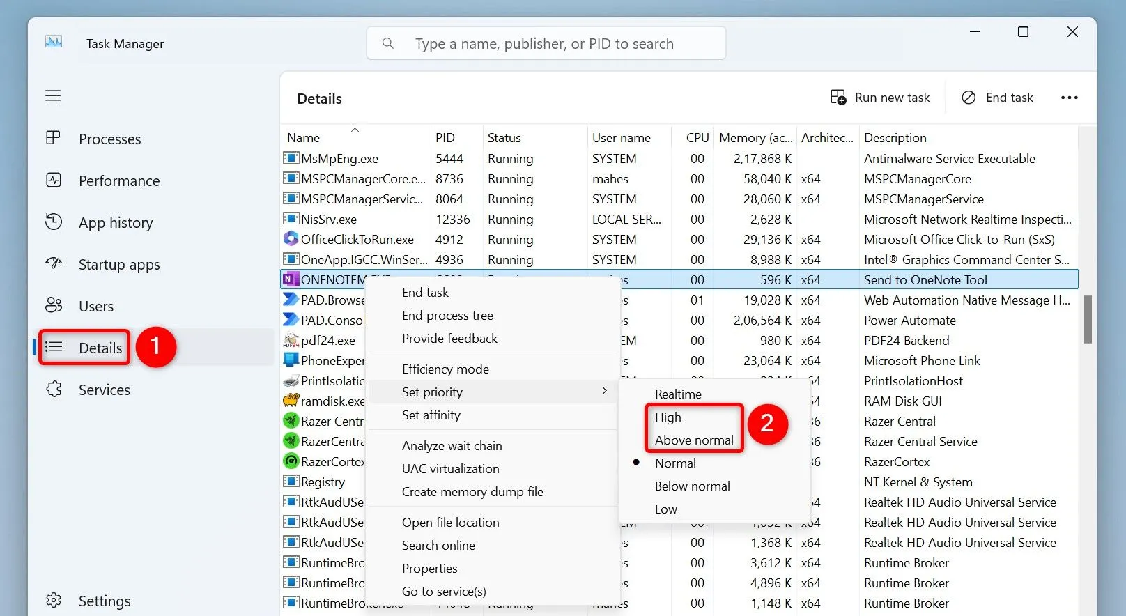 Cài đặt độ ưu tiên cao cho ứng dụng hoặc game trong Task Manager Windows 11