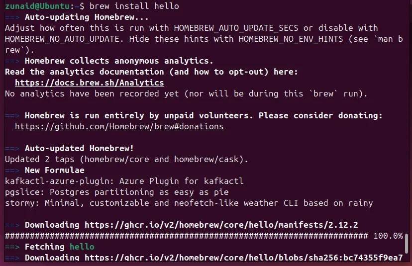 Cài đặt gói "hello" trên Linux bằng Homebrew thông qua giao diện dòng lệnh.