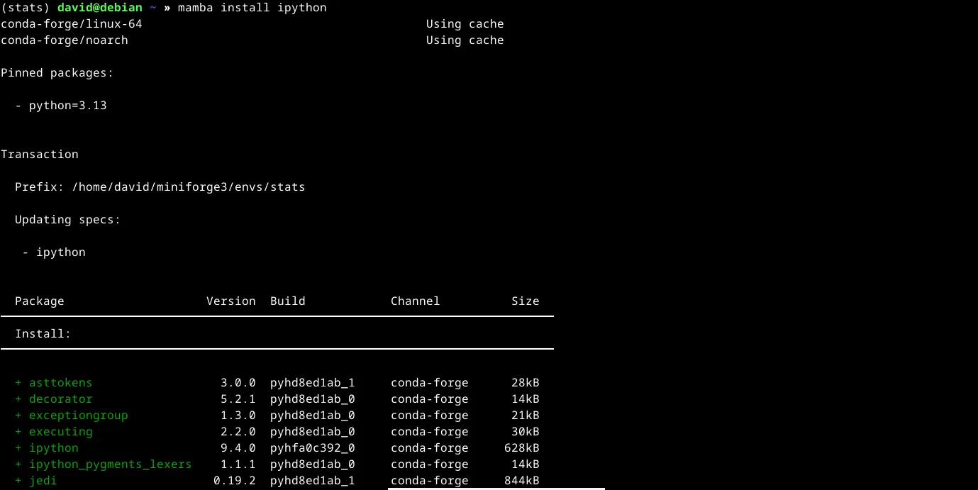 Cài đặt gói IPython vào môi trường Mamba 'stats' hiện có thông qua lệnh `mamba install -n stats ipython`