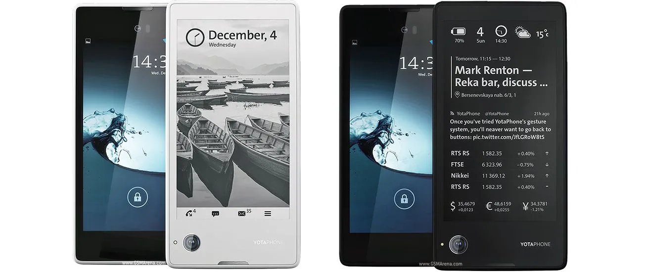 Cận cảnh màn hình E-Ink của điện thoại YotaPhone hiển thị văn bản và thông báo