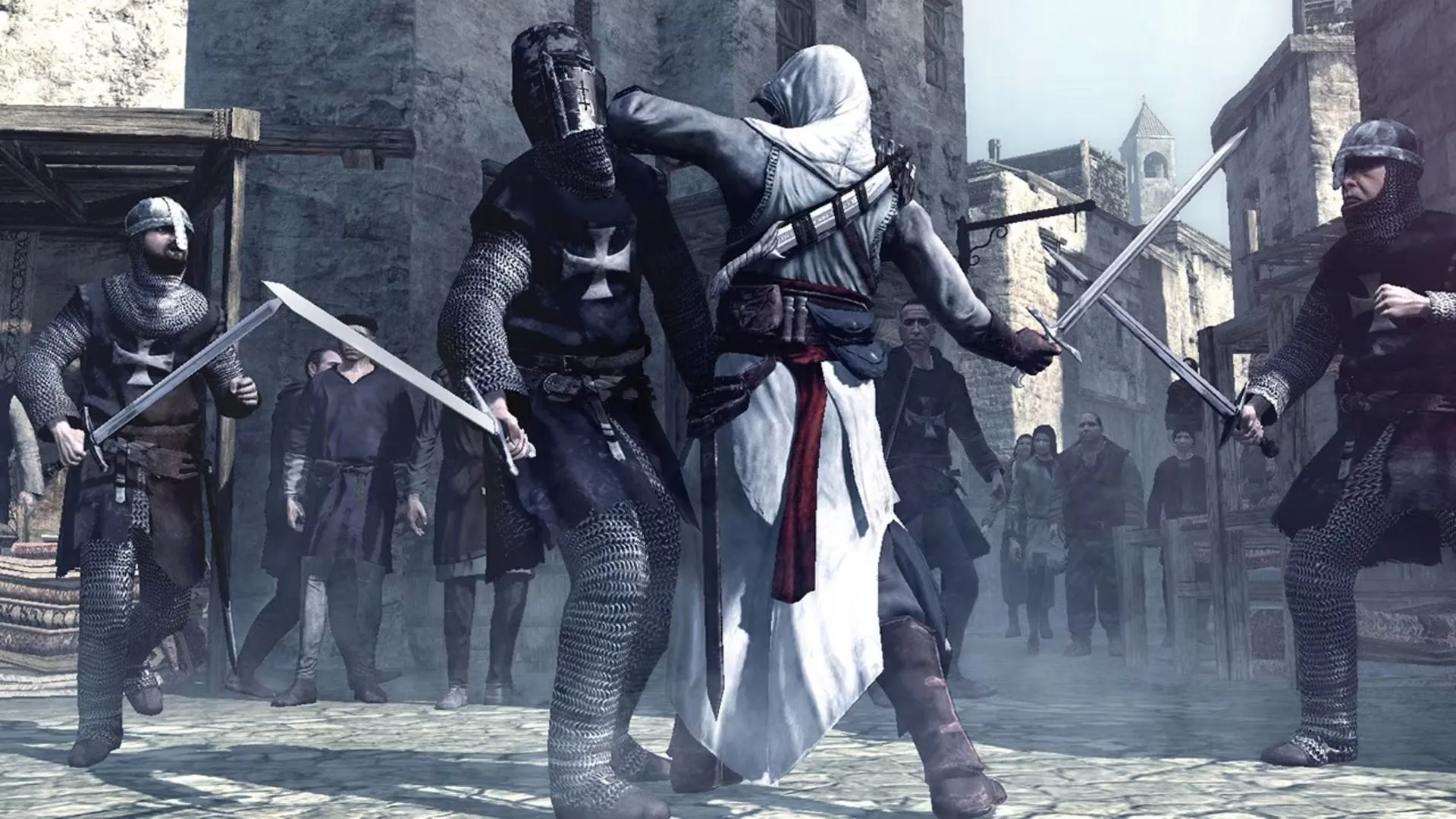 Cảnh Altaïr đang ẩn nấp trong Assassin's Creed, thể hiện cơ chế tàng hình
