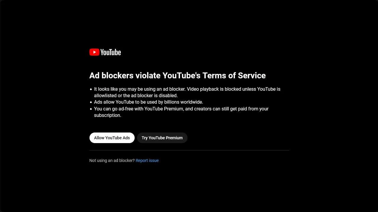 Cảnh báo YouTube hiển thị yêu cầu người dùng tắt trình chặn quảng cáo để xem video