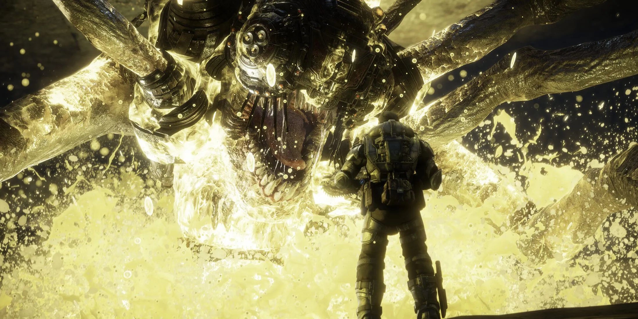Cảnh chiến đấu hoành tráng với quái vật Corpser trong Gears of War: Reloaded.