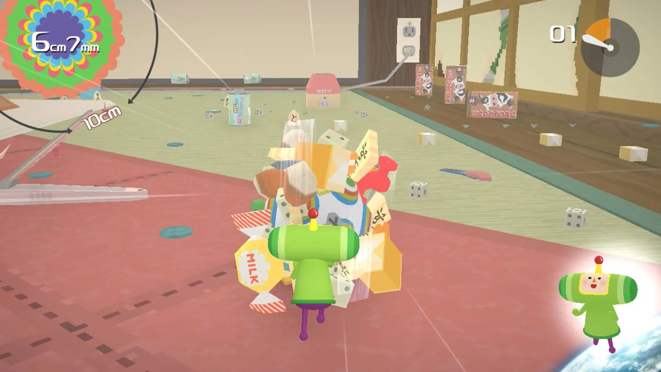 Cảnh chơi game Katamari Damacy REROLL, một trong những tựa game kinh điển trên PlayStation 2